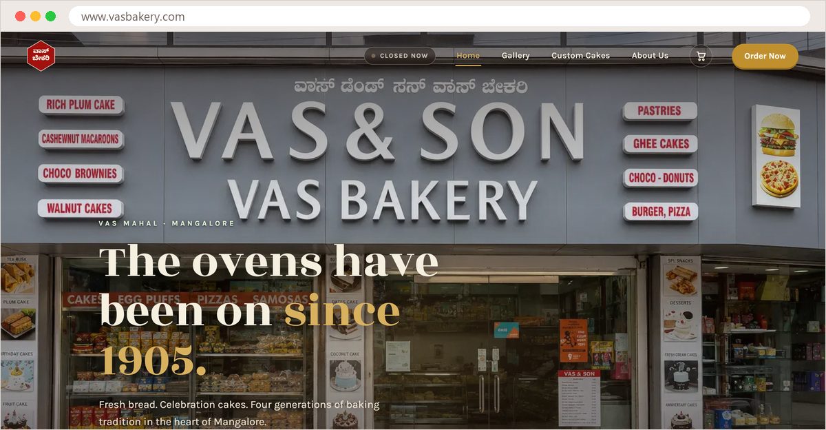 The Vas Bakery website built by Webziko — the Vas & Son storefront in Mangalore behind the headline "The ovens have been on since 1905."